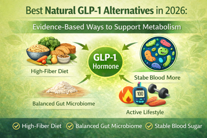 best natural GLP-1 alternatives in 2026 infographic showing fiber diet, gut microbiome and blood sugar support for metabolism