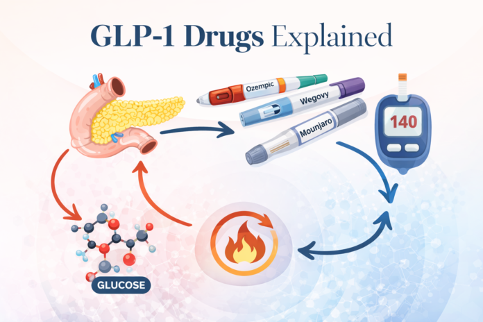 How GLP-1 drugs like Ozempic, Wegovy and Mounjaro regulate appetite, blood sugar and metabolism.