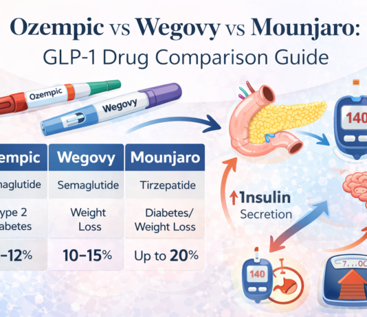 Ozempic vs Wegovy vs Mounjaro (2026): Which GLP-1 Drug Works Best for Weight Loss? Comparison of Ozempic, Wegovy and Mounjaro showing their active ingredients, weight loss potential and metabolic effects.