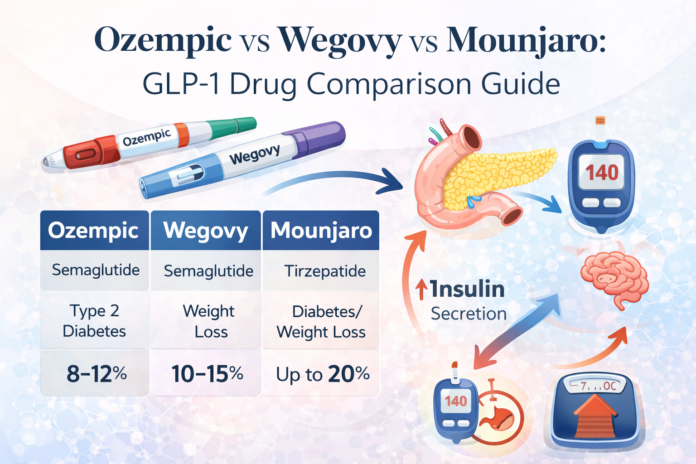 Comparison of Ozempic, Wegovy and Mounjaro showing their active ingredients, weight loss potential and metabolic effects.