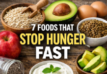 7 Foods That Stop Hunger Fast (Backed by Science & Easy to Add Daily) foods that stop hunger fast including oats eggs chia seeds yogurt and avocado for weight loss and cravings control