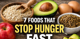 7 Foods That Stop Hunger Fast (Backed by Science & Easy to Add Daily) foods that stop hunger fast including oats eggs chia seeds yogurt and avocado for weight loss and cravings control