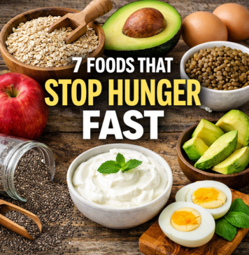 7 Foods That Stop Hunger Fast (Backed by Science & Easy to Add Daily) foods that stop hunger fast including oats eggs chia seeds yogurt and avocado for weight loss and cravings control