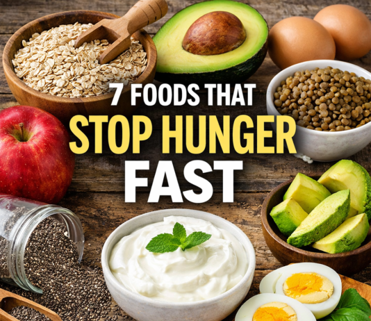 7 Foods That Stop Hunger Fast (Backed by Science & Easy to Add Daily) foods that stop hunger fast including oats eggs chia seeds yogurt and avocado for weight loss and cravings control