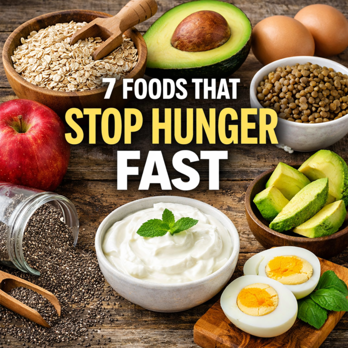 foods that stop hunger fast including oats eggs chia seeds yogurt and avocado for weight loss and cravings control