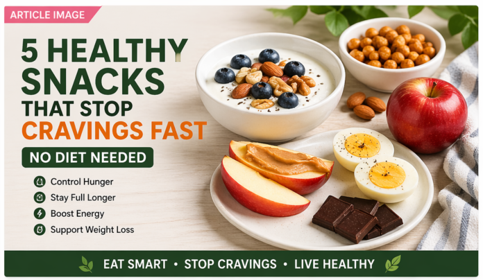 healthy snacks that stop cravings fast including yogurt nuts apple peanut butter eggs and chickpeas