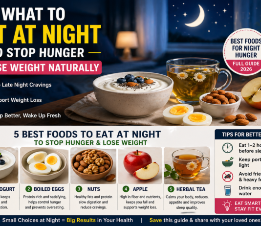 What to Eat at Night to Stop Hunger & Lose Weight (2026 Guide) what to eat at night to stop hunger including yogurt eggs nuts apple and herbal tea for weight loss