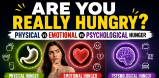Physical Hunger vs Emotional Hunger vs Psychological Hunger: 9 Signs You’re Eating for the Wrong Reason Physical hunger vs emotional hunger vs psychological hunger comparison showing stomach heart and brain hunger triggers