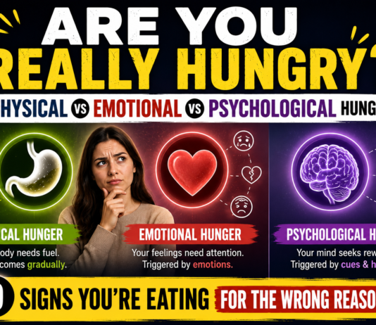 Physical Hunger vs Emotional Hunger vs Psychological Hunger: 9 Signs You’re Eating for the Wrong Reason Physical hunger vs emotional hunger vs psychological hunger comparison showing stomach heart and brain hunger triggers